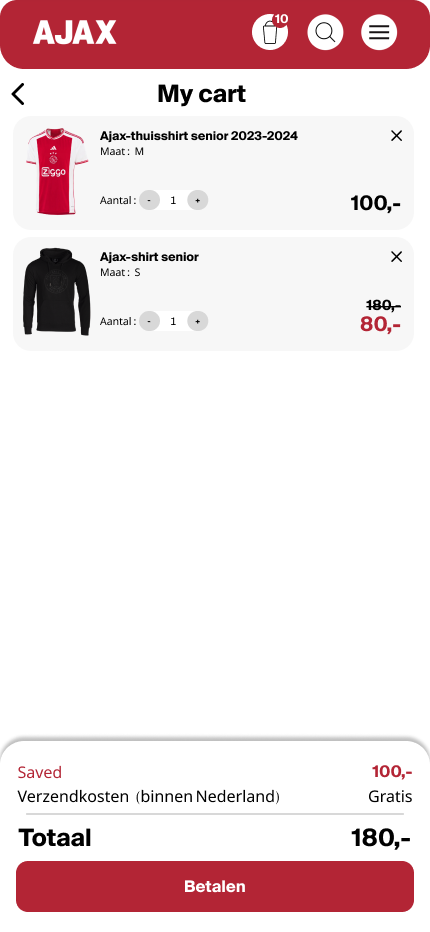 redesign ajax fanshop mobile versie winkelwagen pagina